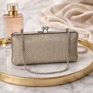 Vintage Rhinestone Mesh Clutch Silver Evening Bag Wedding Prom Glam Kiss lock